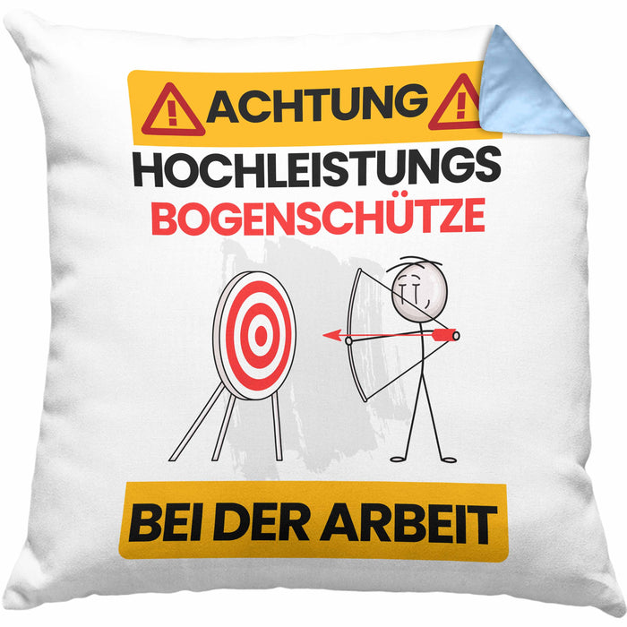 Bogenschütze Kissen mit Füllung 40x40 Geschenk Lustiger Spruch Geschenkidee für Bogenschütze Achtung Hochleistungs Bogenschütze Bei Der Arbeit (Grau) Blau Trendation