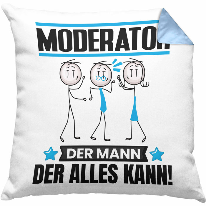 Moderator Kissen mit Füllung 40x40 Geschenk für Moderator Der Mann Der Alles Kann Geschenkidee zum Geburtstag (Grau) Blau Trendation