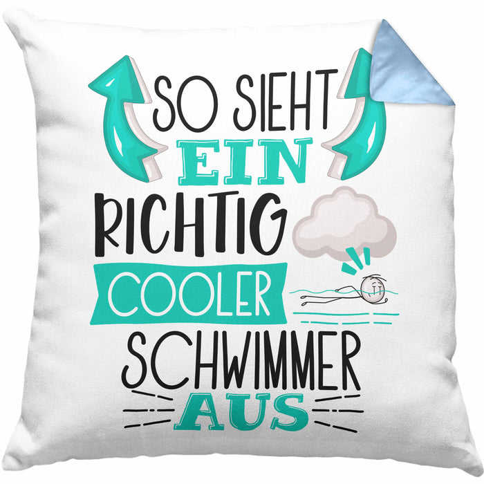 Schwimmer Kissen mit Füllung 40x40 Geschenk So Sieht Ein Richtig Cooler Schwimmer Aus Geschenkidee Spruch Lustig (Grau) Blau Trendation