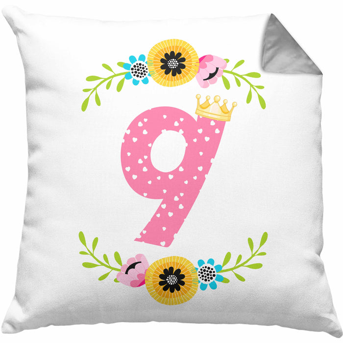 9. Geburtstag Mädchen Kissen mit Füllung 40x40 Geschenk zum Neunten Geburtsagsparty Grafik Krone 9 Jahre Alt (Grau) Grau Trendation
