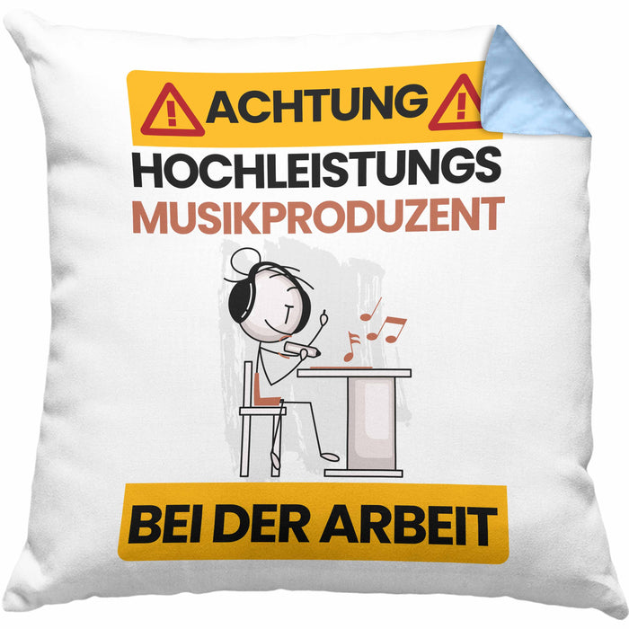 Musikproduzent Kissen mit Füllung 40x40 Geschenk Lustiger Spruch Geschenkidee für Musikproduzent Achtung Hochleistungs Musikproduzent Bei Der Arbeit (Grau) Blau Trendation