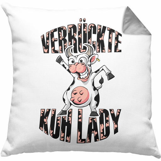 Lustige Kissen mit Füllung 40x40 Geschenk Frauen "Verrückte Kuhlady" Bauernhof Bäuerin (Grau) Grau Trendation