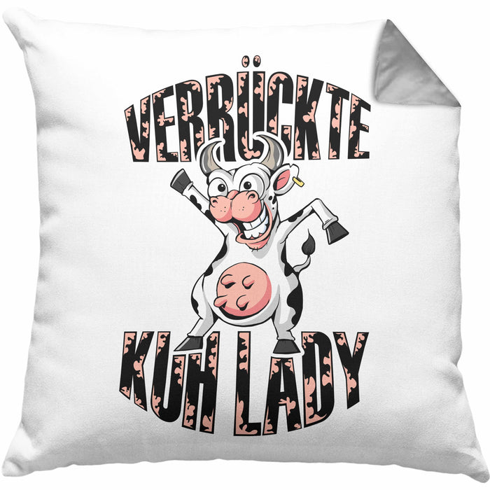 Lustige Kissen mit Füllung 40x40 Geschenk Frauen "Verrückte Kuhlady" Bauernhof Bäuerin (Grau) Grau Trendation