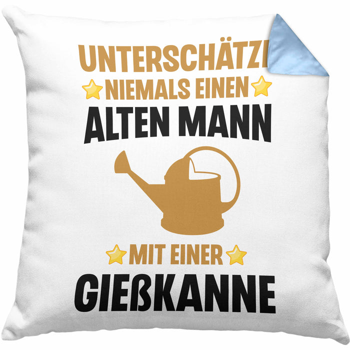 Alter Mann Gärtner Kissen mit Füllung 40x40 mit Spruch Garten Hobbygärtner Geschenk Lustig (Grau) Blau Trendation