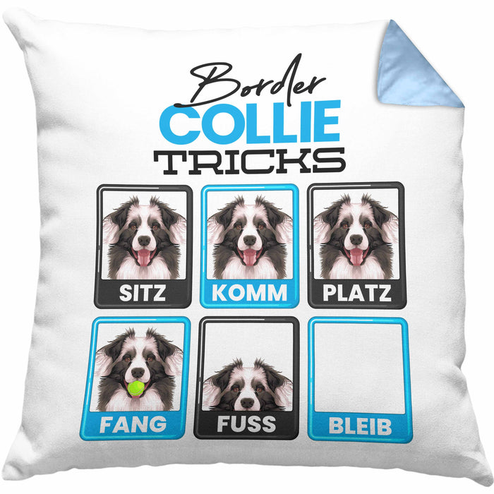 Border Collies Besitzer Kissen mit Füllung 40x40 Geschenk Lustiger Spruch Geschenkidee Border Collies Tricks Bleib (Grau) Blau Trendation