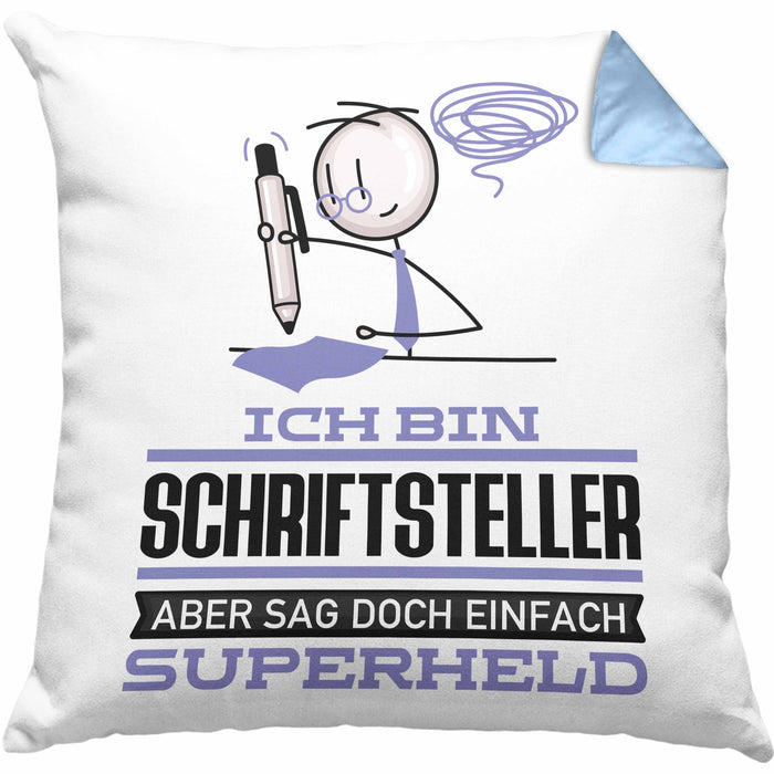Schriftsteller Geschenk Kissen mit Füllung 40x40 Ich Bin Schriftsteller Aber Sag Doch Einfach Superheld Lustige Geschenkdiee für Schriftsteller (Grau) Blau Trendation