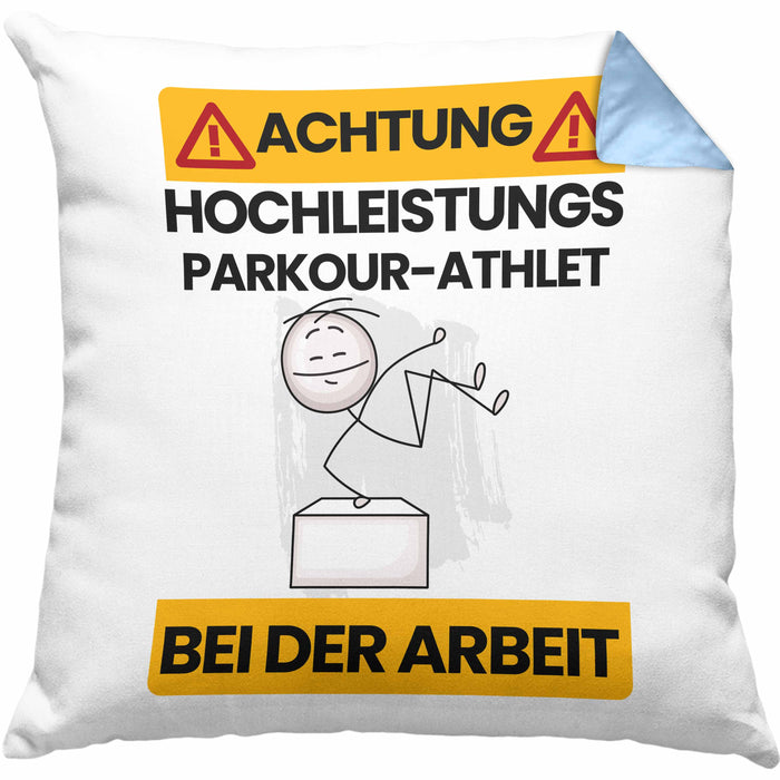 Parkour-Athlet Kissen mit Füllung 40x40 Geschenk Lustiger Spruch Geschenkidee für Parkour-Athlet Achtung Hochleistungs Parkour-Athlet Bei Der Arbeit (Grau) Blau Trendation