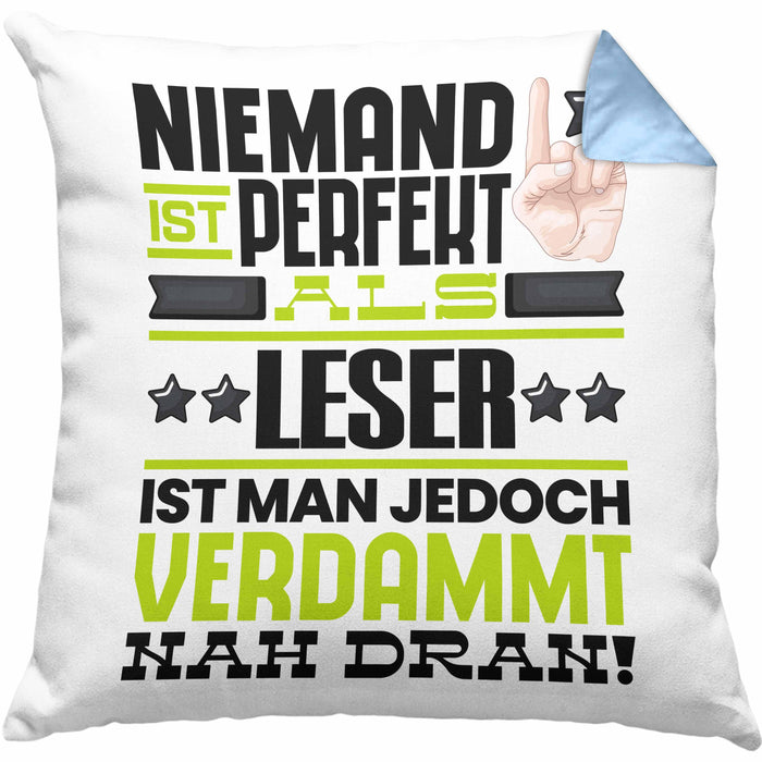 Leser Geschenk Kissen mit Füllung 40x40 Lustige Geschenkidee für Leser Geburtstag Niemand Ist Perfekt Aber Als Leser Ist Man Nah Dran (Grau) Blau Trendation