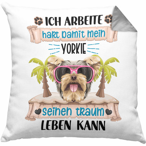 Yorkie Besitzer Kissen mit Füllung 40x40 Geschenk Lustiger Spruch Geschenkidee Ich Arbeite Hart Damit Mein Yorkie Seinen Traum Leben Kann (Grau) Grau Trendation