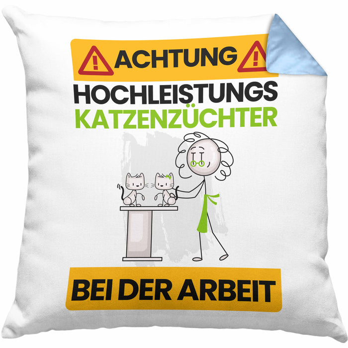 Katzenzüchter Kissen mit Füllung 40x40 Geschenk Lustiger Spruch Geschenkidee für Katzenzüchter Achtung Hochleistungs Katzenzüchter Bei Der Arbeit (Grau) Blau Trendation