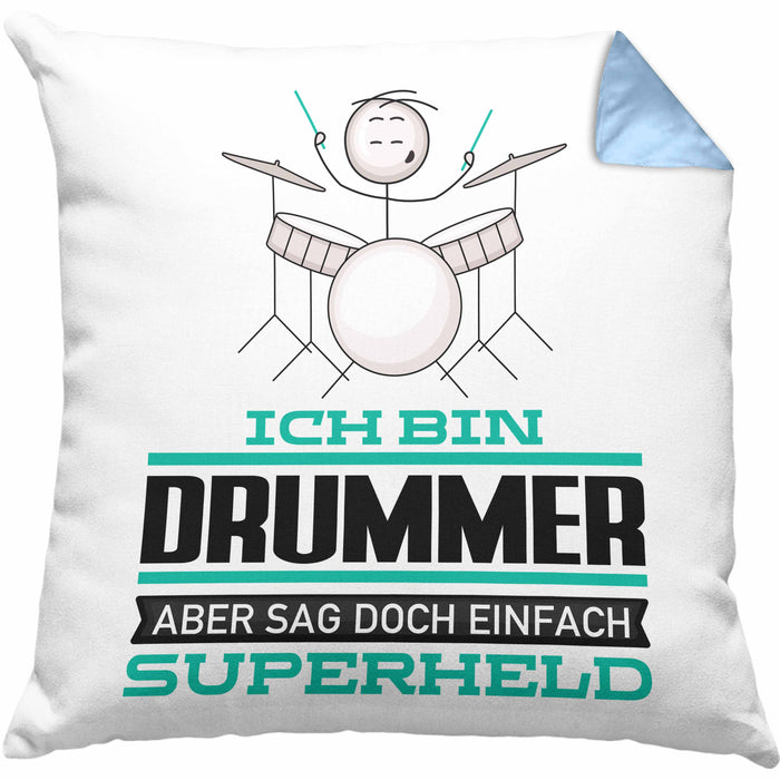 Drummer Geschenk Kissen mit Füllung 40x40 Ich Bin Drummer Aber Sag Doch Einfach Superheld Lustige Geschenkdiee für Drummer (Grau) Blau Trendation