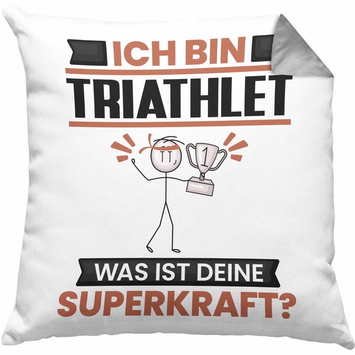 Triathlet Kissen mit Füllung 40x40 Geschenk für Triathlet Geburtstag Lustiger Spruch Was Ist Deine Superkraft (Grau) Grau Trendation