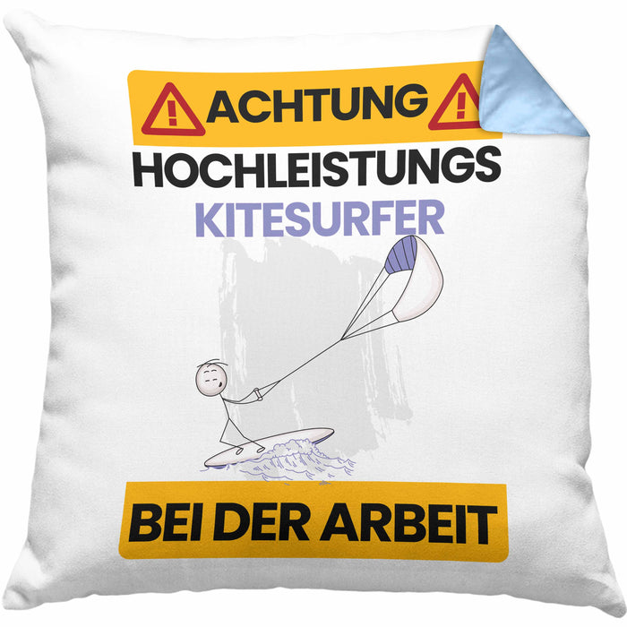 Kitesurfer Kissen mit Füllung 40x40 Geschenk Lustiger Spruch Geschenkidee für Kitesurfer Achtung Hochleistungs Kitesurfer Bei Der Arbeit (Grau) Blau Trendation