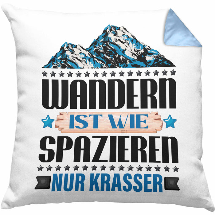 Wandern Kissen mit Füllung 40x40 Geschenk Spruch Wandern Wandern Ist Wie Spazieren Nur Krasser Kaffee Wandern Berge (Grau) Blau Trendation