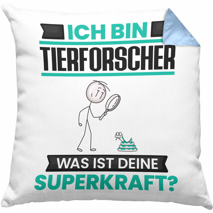 Tierforscher Kissen mit Füllung 40x40 Geschenk für Tierforscher Geburtstag Lustiger Spruch Was Ist Deine Superkraft (Grau) Blau Trendation