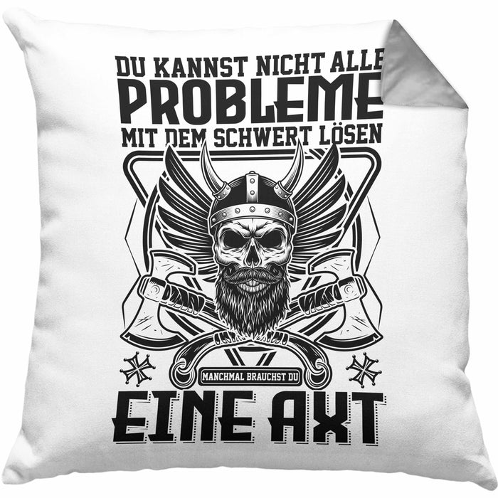 Wikinger Kissen mit Füllung 40x40 Geschenk Nicht alle Probleme Schwert Lösen Axt Mittelalter Kaffee-Kissen mit Füllung 40x40 (Grau) Grau Trendation