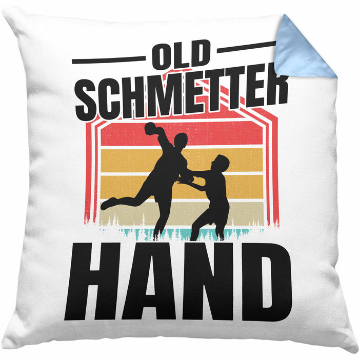 Handball Geschenk Kissen mit Füllung 40x40 Geschenkidee Handball-Spieler Handballspielerin Mädchen Jungs Old Schmetterhand (Grau) Blau Trendation