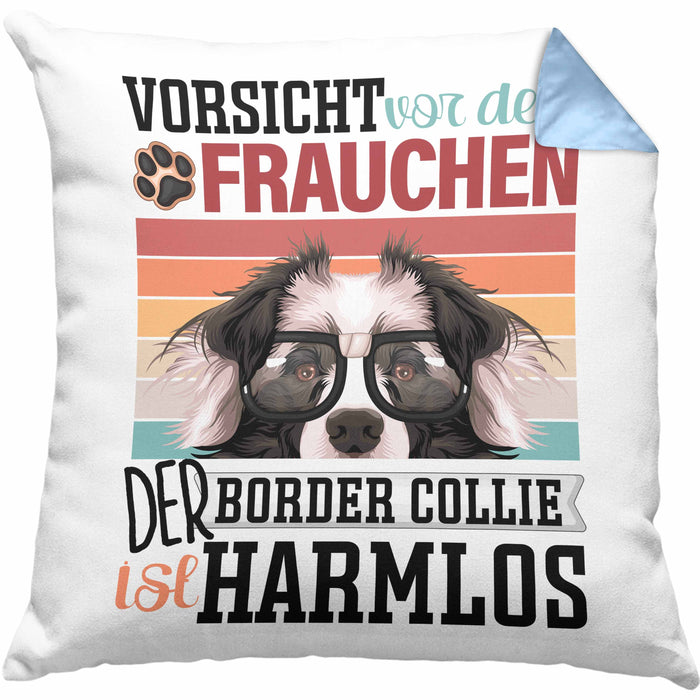 Border Collies Besitzerin Frauchen Kissen mit Füllung 40x40 Geschenk Lustiger Spruch Geschenkidee Vorsicht Vor Dem Frauchen (Grau) Blau Trendation