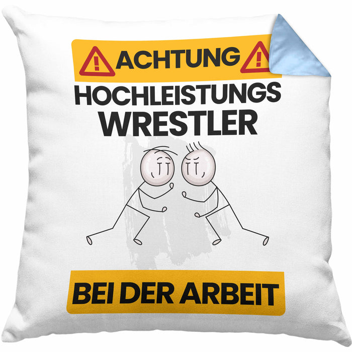Wrestler Kissen mit Füllung 40x40 Geschenk Lustiger Spruch Geschenkidee für Wrestler Achtung Hochleistungs Wrestler Bei Der Arbeit (Grau) Blau Trendation