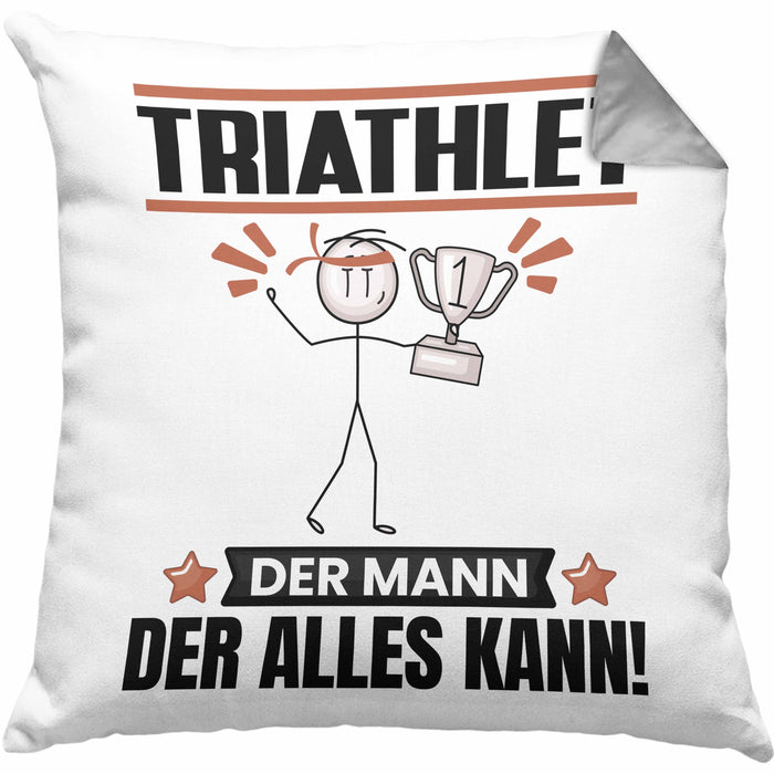 Triathlet Kissen mit Füllung 40x40 Geschenk für Triathlet Der Mann Der Alles Kann Geschenkidee zum Geburtstag (Grau) Grau Trendation