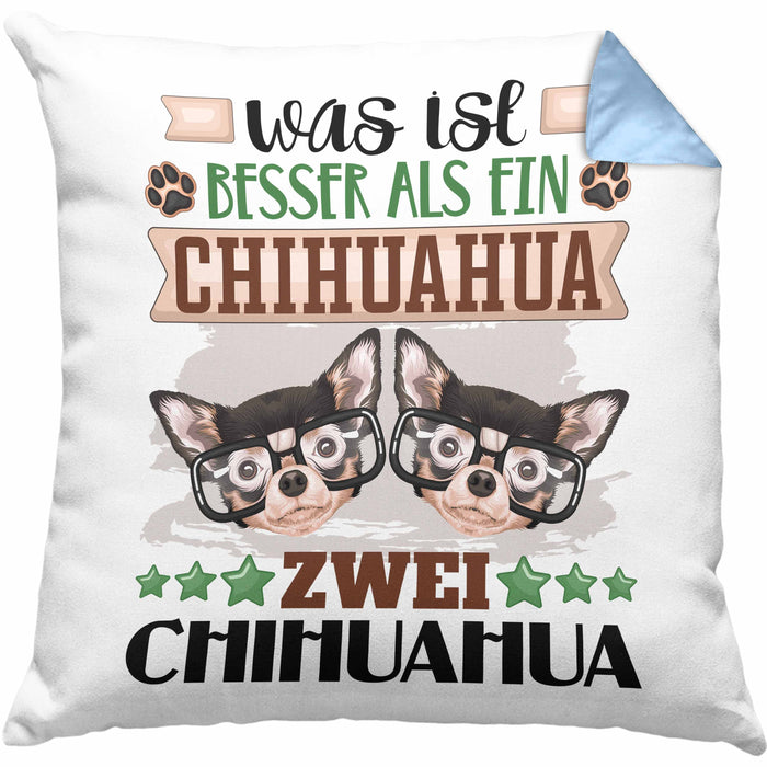 Chihuahua Besitzer Kissen mit Füllung 40x40 Geschenk Lustiger Spruch Geschenkidee Was Ist Besser Als Ein Chihuahua (Grau) Blau Trendation