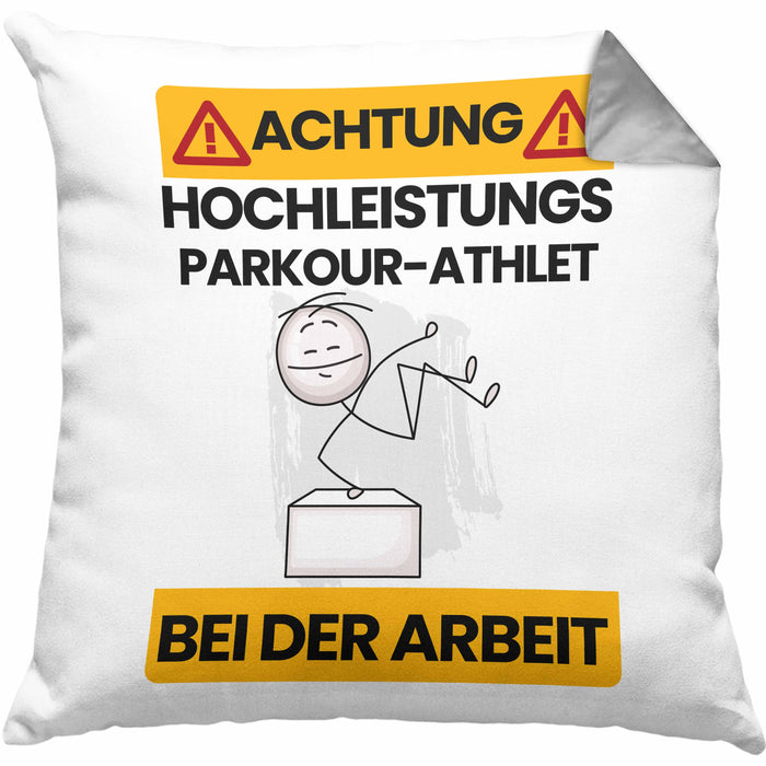 Parkour-Athlet Kissen mit Füllung 40x40 Geschenk Lustiger Spruch Geschenkidee für Parkour-Athlet Achtung Hochleistungs Parkour-Athlet Bei Der Arbeit (Grau) Grau Trendation