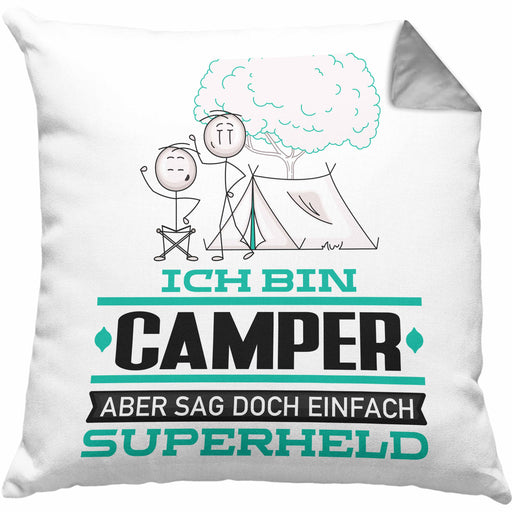 Camper Geschenk Kissen mit Füllung 40x40 Ich Bin Camper Aber Sag Doch Einfach Superheld Lustige Geschenkdiee für Camper (Grau) Grau Trendation
