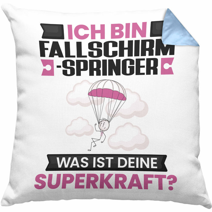 Fallschirmspringer Kissen mit Füllung 40x40 Geschenk für Fallschirmspringer Geburtstag Lustiger Spruch Was Ist Deine Superkraft (Grau) Blau Trendation
