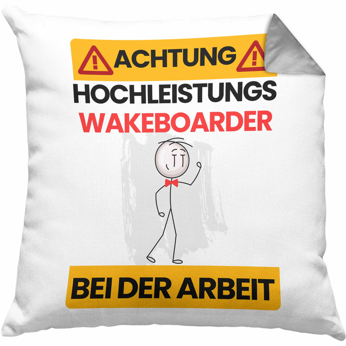 Wakeboarder Kissen mit Füllung 40x40 Geschenk Lustiger Spruch Geschenkidee für Wakeboarder Achtung Hochleistungs Wakeboarder Bei Der Arbeit (Grau) Grau Trendation