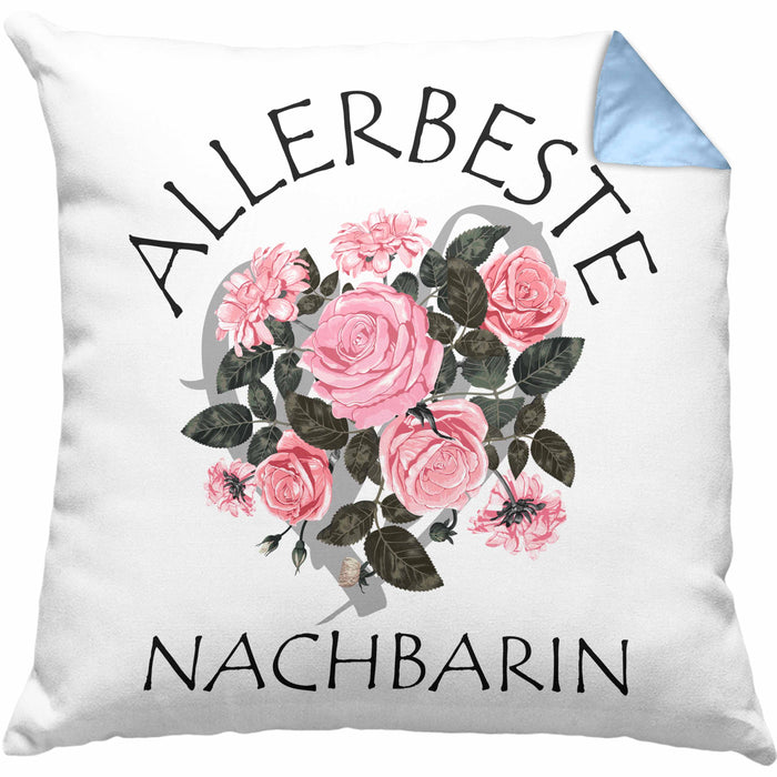 Beste Nachbarin Kissen mit Füllung 40x40 Geschenk Geburtstag Freundin Lieblings Nachbarin Geschenkidee (Grau) Blau Trendation