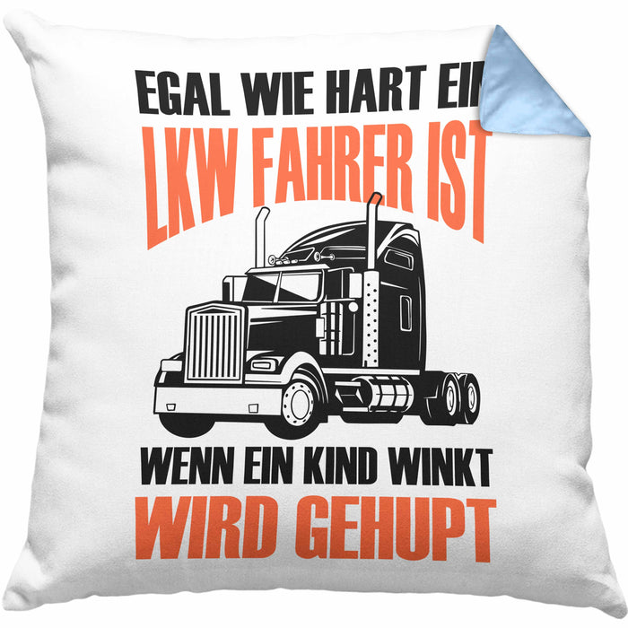 Lustige LKW-Fahrer Kissen mit Füllung 40x40 Geschenk für Truckliebhaber Wenn Ein Kind WInkt Wird Gehupt (Grau) Blau Trendation