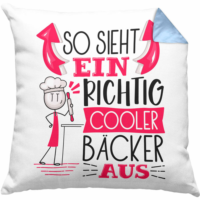Bäcker Kissen mit Füllung 40x40 Geschenk So Sieht Ein RIchtig Cooler Bäcker Aus Geschenkidee Lustiger Spruch Geburtstag (Grau) Blau Trendation
