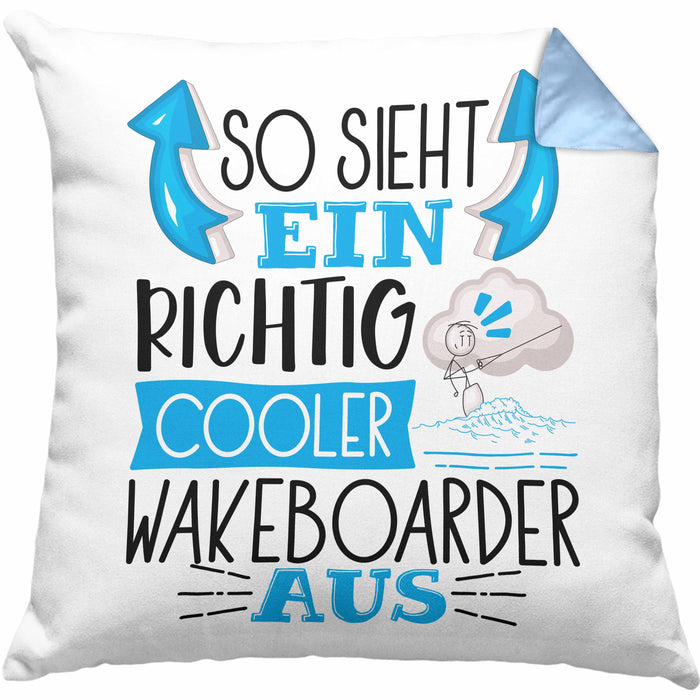 So Sieht Ein Richtig Cooler Wakeboarder Aus Geschenk Kissen mit Füllung 40x40 Lustiger Spruch Geschenkidee (Grau) Blau Trendation
