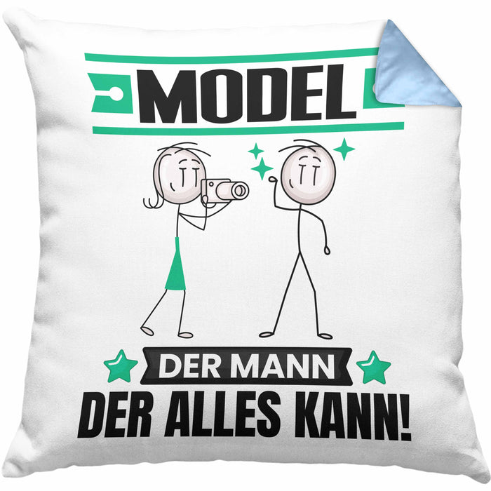 Model Kissen mit Füllung 40x40 Geschenk für Model Der Mann Der Alles Kann Geschenkidee zum Geburtstag (Grau) Blau Trendation