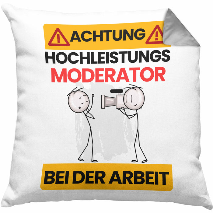 Moderator Kissen mit Füllung 40x40 Geschenk Lustiger Spruch Geschenkidee für Moderator Achtung Hochleistungs Moderator Bei Der Arbeit (Grau) Grau Trendation