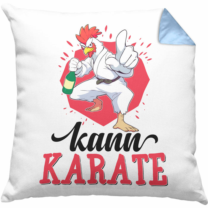 Huhn Kissen mit Füllung 40x40 Geschenk Huhn Kann Karate Geschenkidee Humor (Grau) Blau Trendation