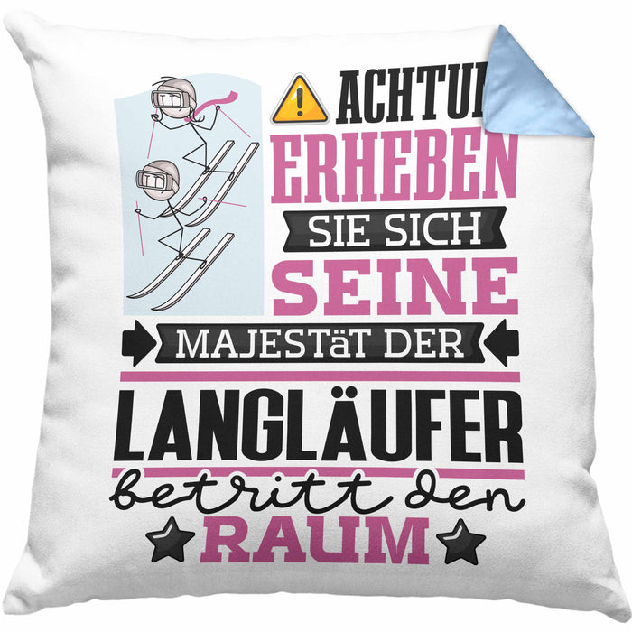 Langläufer Geschenk Kissen mit Füllung 40x40 Lustiger Spruch Erheben Sie Sich Der Langläufer Betritt den Raum (Grau) Blau Trendation
