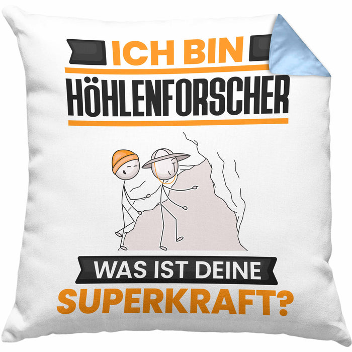 Höhlenforscher Kissen mit Füllung 40x40 Geschenk für Höhlenforscher Geburtstag Lustiger Spruch Was Ist Deine Superkraft (Grau) Blau Trendation