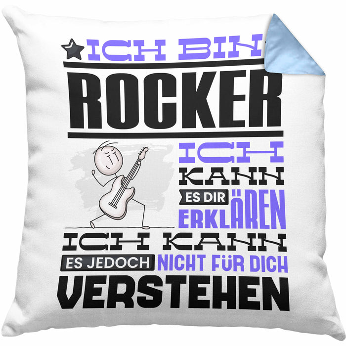 Rocker Geschenk Kaffee-Kissen mit Füllung 40x40 Geschenkidee für Rocker Ich Bin Rocker Ich Kann Es Dir Erklären Jedoch Nicht Für Dich Verstehen Spruch Lustig (Grau) Blau Trendation
