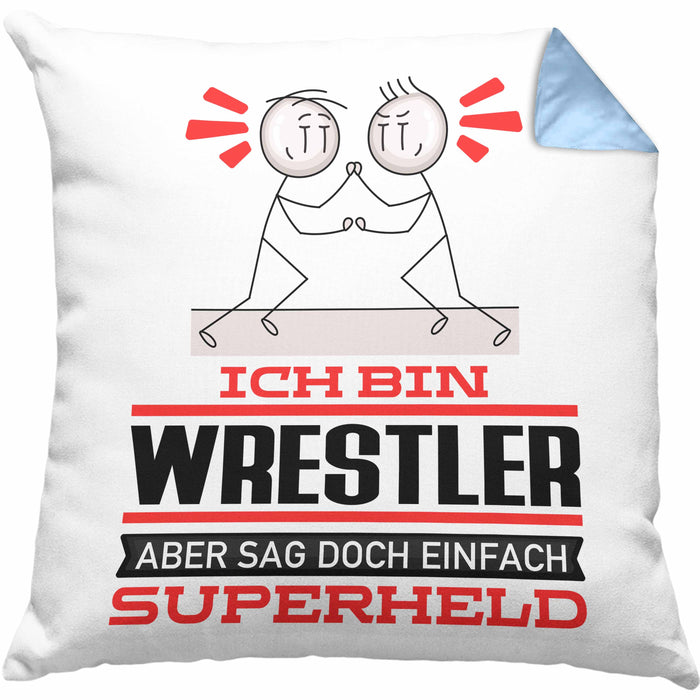 Wrestler Geschenk Kissen mit Füllung 40x40 Ich Bin Wrestler Aber Sag Doch Einfach Superheld Lustige Geschenkdiee für Wrestler (Grau) Blau Trendation