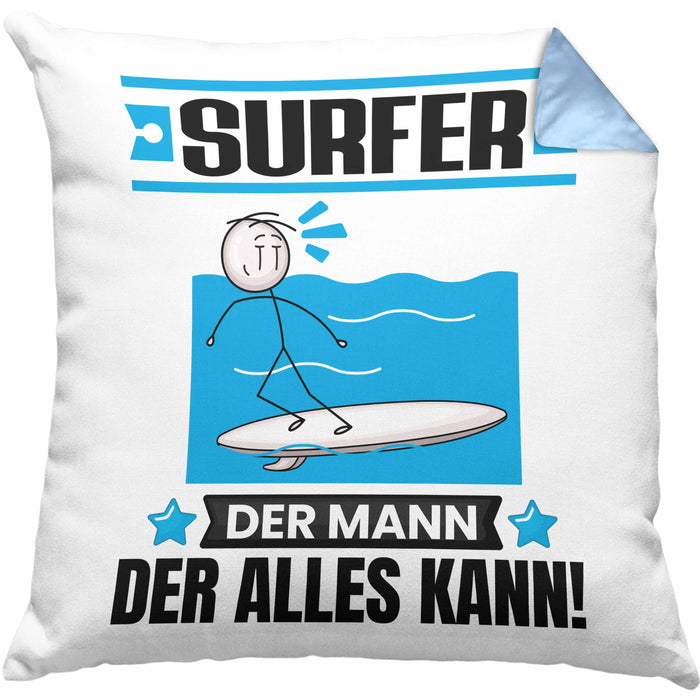 Surfer Kissen mit Füllung 40x40 Geschenk für Surfer Der Mann Der Alles Kann Geschenkidee zum Geburtstag (Grau) Blau Trendation