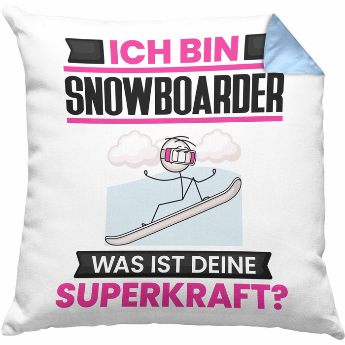 Snowboarder Kissen mit Füllung 40x40 Geschenk für Snowboarder Geburtstag Lustiger Spruch Was Ist Deine Superkraft (Grau) Blau Trendation