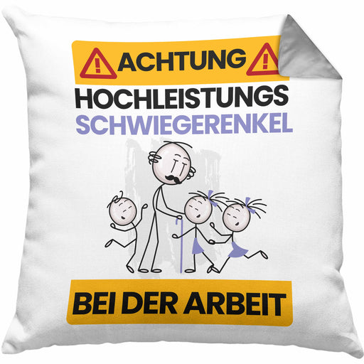 Schwiegerenkel Kissen mit Füllung 40x40 Geschenk Lustiger Spruch Geschenkidee für Schwiegerenkel Achtung Hochleistungs Schwiegerenkel Bei Der Arbeit (Grau) Grau Trendation