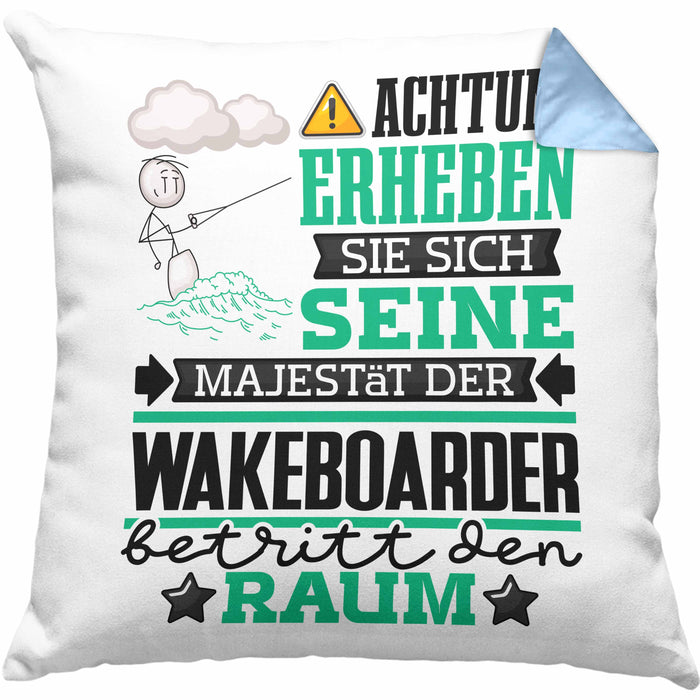 Wakeboarder Geschenk Kissen mit Füllung 40x40 Lustiger Spruch Erheben Sie Sich Der Wakeboarder Betritt den Raum (Grau) Blau Trendation