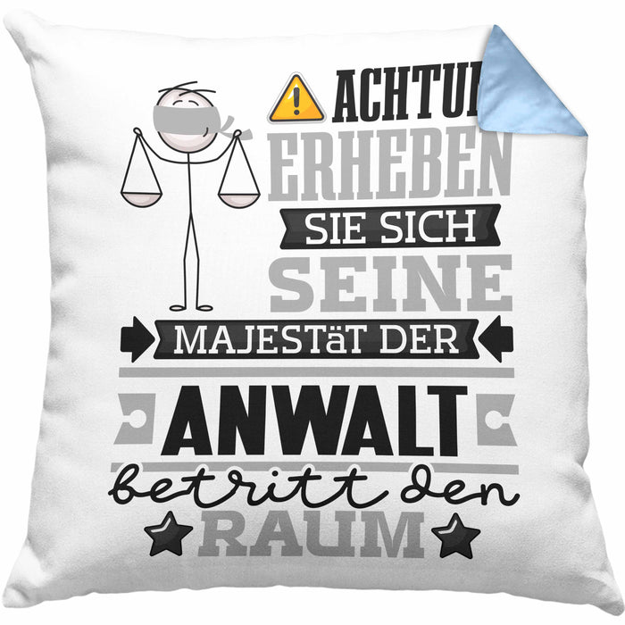 Anwalt Geschenk Kissen mit Füllung 40x40 Lustiger Spruch Erheben Sie Sich Der Anwalt Betritt den Raum (Grau) Blau Trendation
