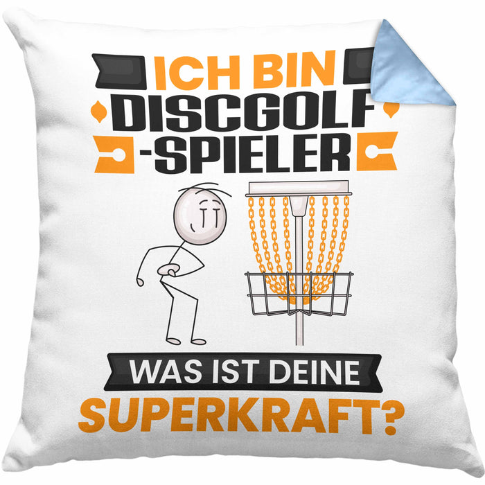 Discgolf-Spieler Kissen mit Füllung 40x40 Geschenk für Discgolf-Spieler Geburtstag Lustiger Spruch Was Ist Deine Superkraft (Grau) Blau Trendation