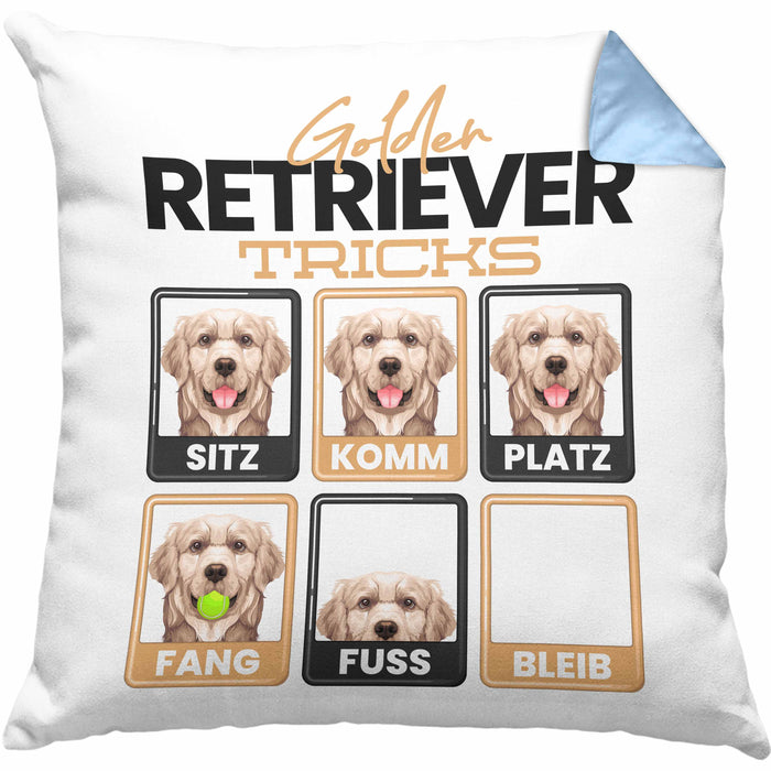 Golden Retriever Besitzer Kissen mit Füllung 40x40 Geschenk Lustiger Spruch Geschenkidee Golden Retriever Tricks Bleib (Grau) Blau Trendation