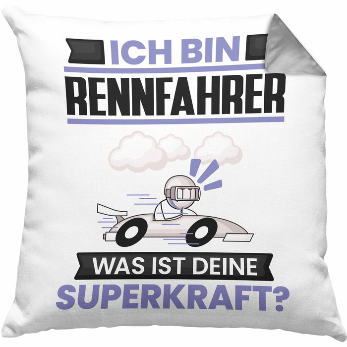 Rennfahrer Kissen mit Füllung 40x40 Geschenk für Rennfahrer Geburtstag Lustiger Spruch Was Ist Deine Superkraft (Grau) Grau Trendation