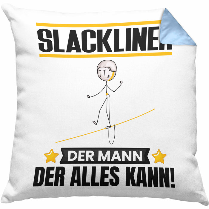 Slackliner Kissen mit Füllung 40x40 Geschenk für Slackliner Der Mann Der Alles Kann Geschenkidee zum Geburtstag (Grau) Blau Trendation