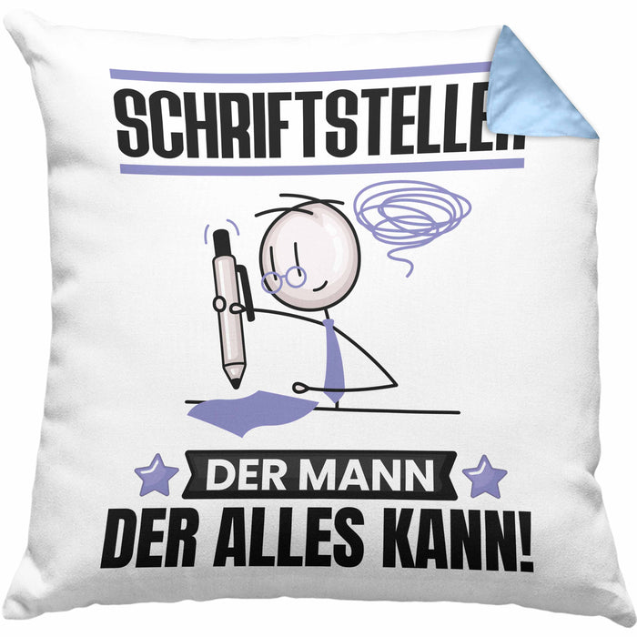 Schriftsteller Kissen mit Füllung 40x40 Geschenk für Schriftsteller Der Mann Der Alles Kann Geschenkidee zum Geburtstag (Grau) Blau Trendation